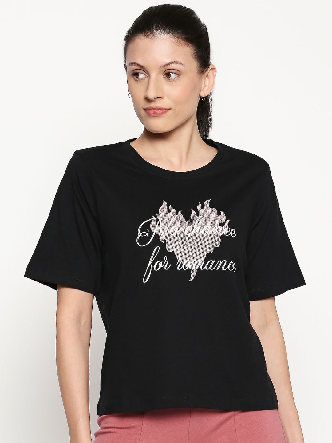 

People Women Black Printed Round Neck T-shirt
