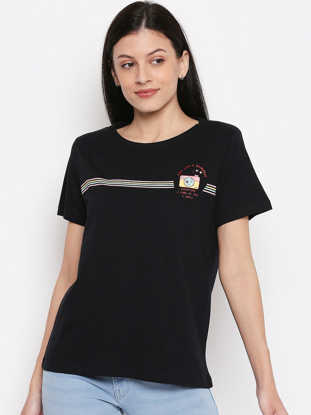 

People Women Black Printed Round Neck Pure Cotton T-shirt