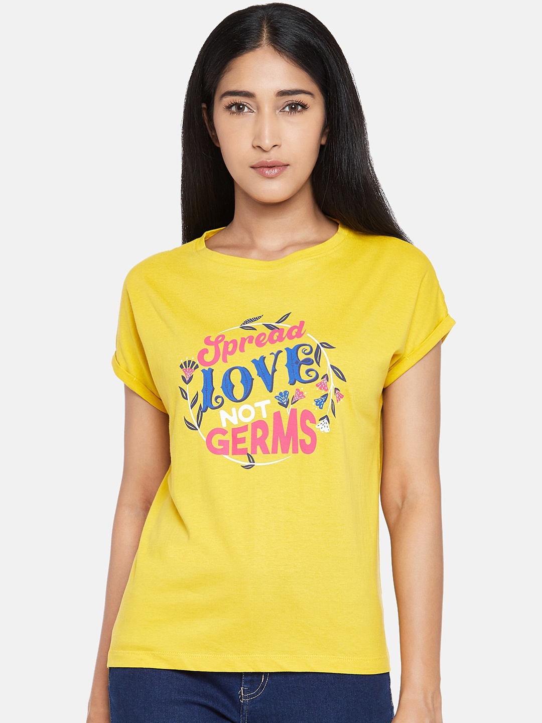 

People Women Yellow Printed Round Neck Cotton Pure Cotton T-shirt
