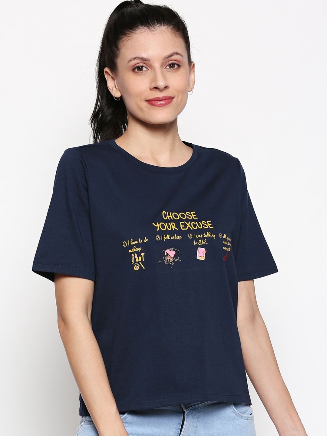 

People Women Navy Blue Printed Round Neck T-shirt