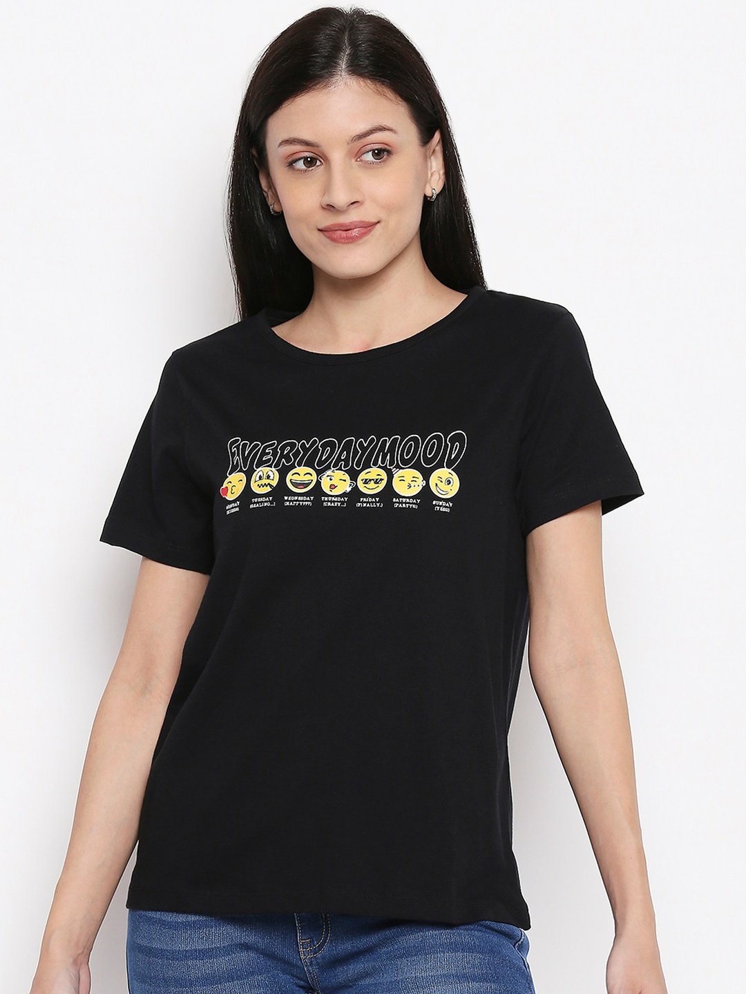 

People Women Black Printed Round Neck T-shirt