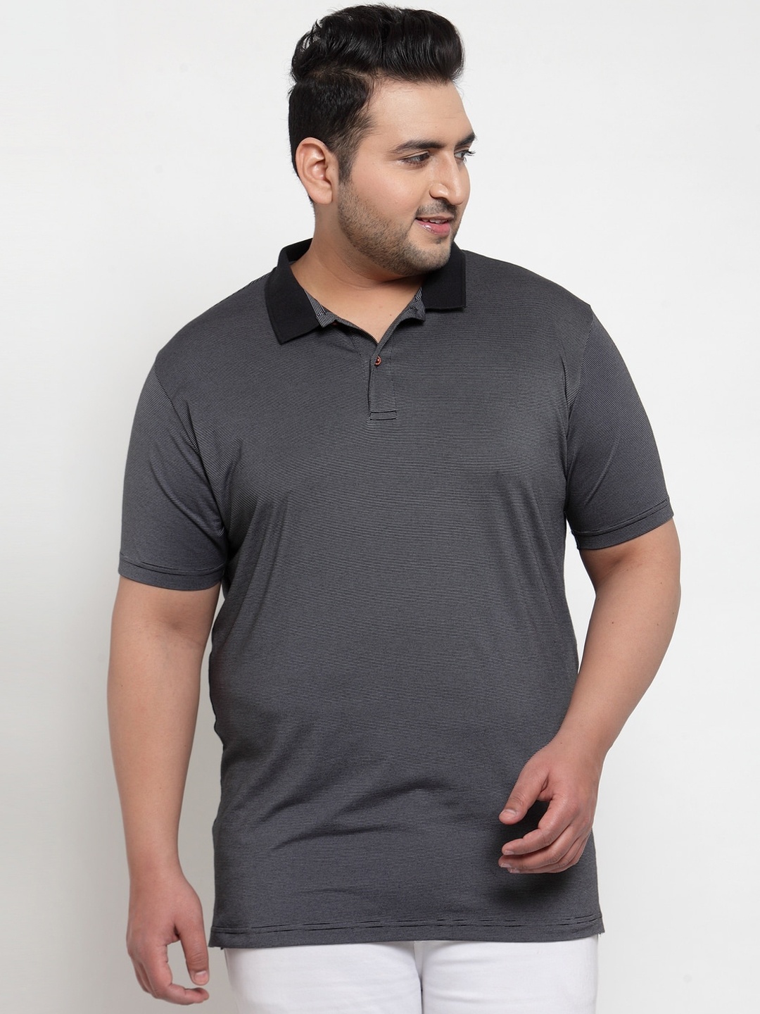 

plusS Men Charcoal Grey Pin Striped Polo Collar Pure Cotton T-shirt