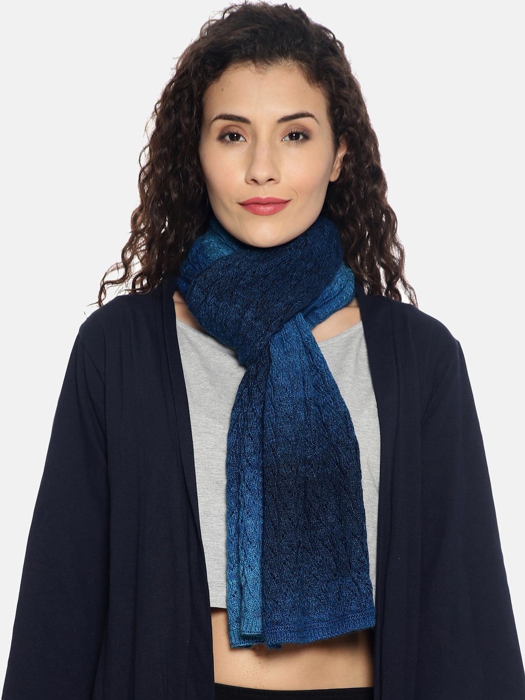 

513 Women Blue Knitted Leaf Design Warm Premium Quality Muffler