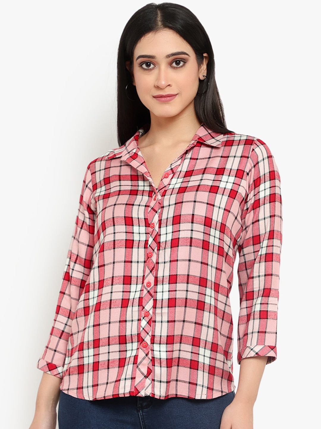 

Ayaany Women Red Regular Fit Checked Casual Shirt