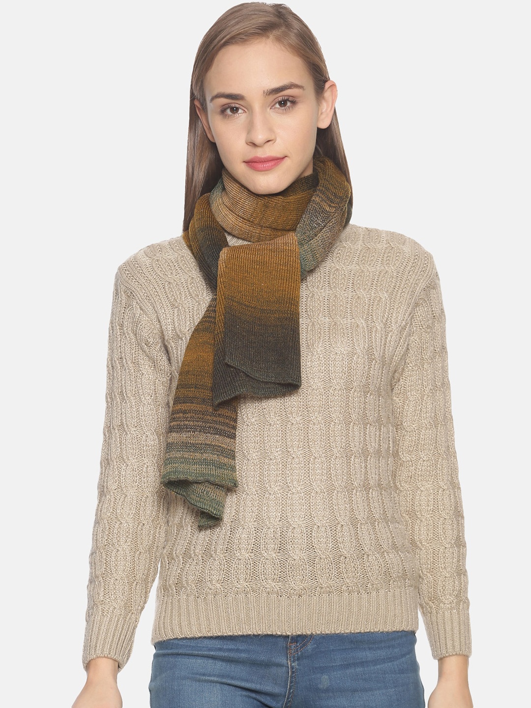 

513 Women Green & Brown Self-Design Knitted Muffler