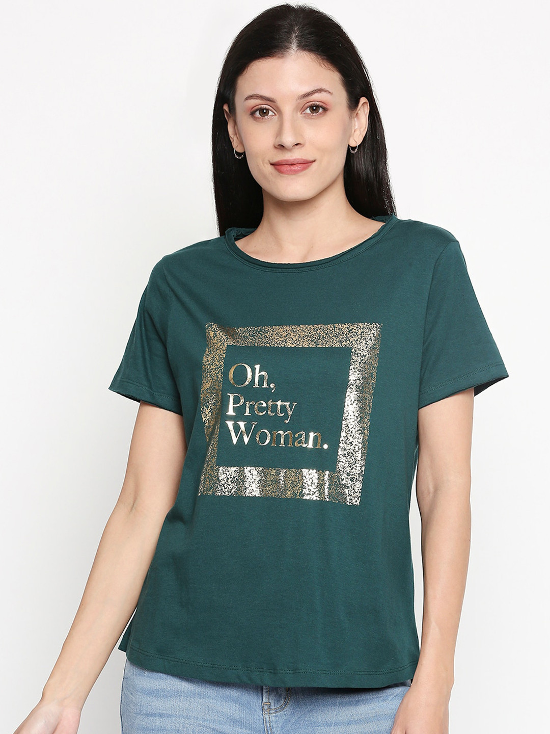 

People Women Green Printed Round Neck Cotton Pure Cotton T-shirt