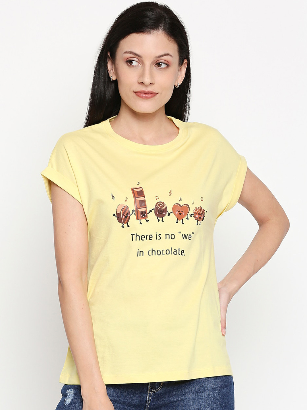 

People Women Yellow Printed Round Neck Pure Cotton T-shirt