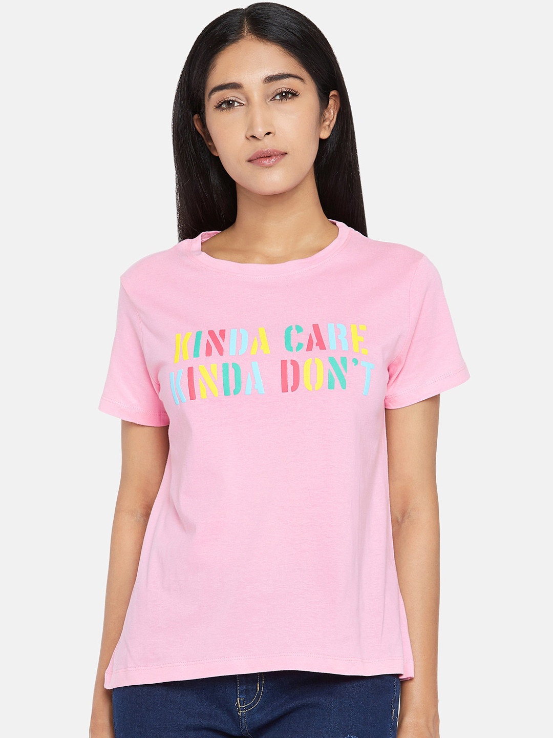 

People Women Pink Printed Round Neck T-shirt