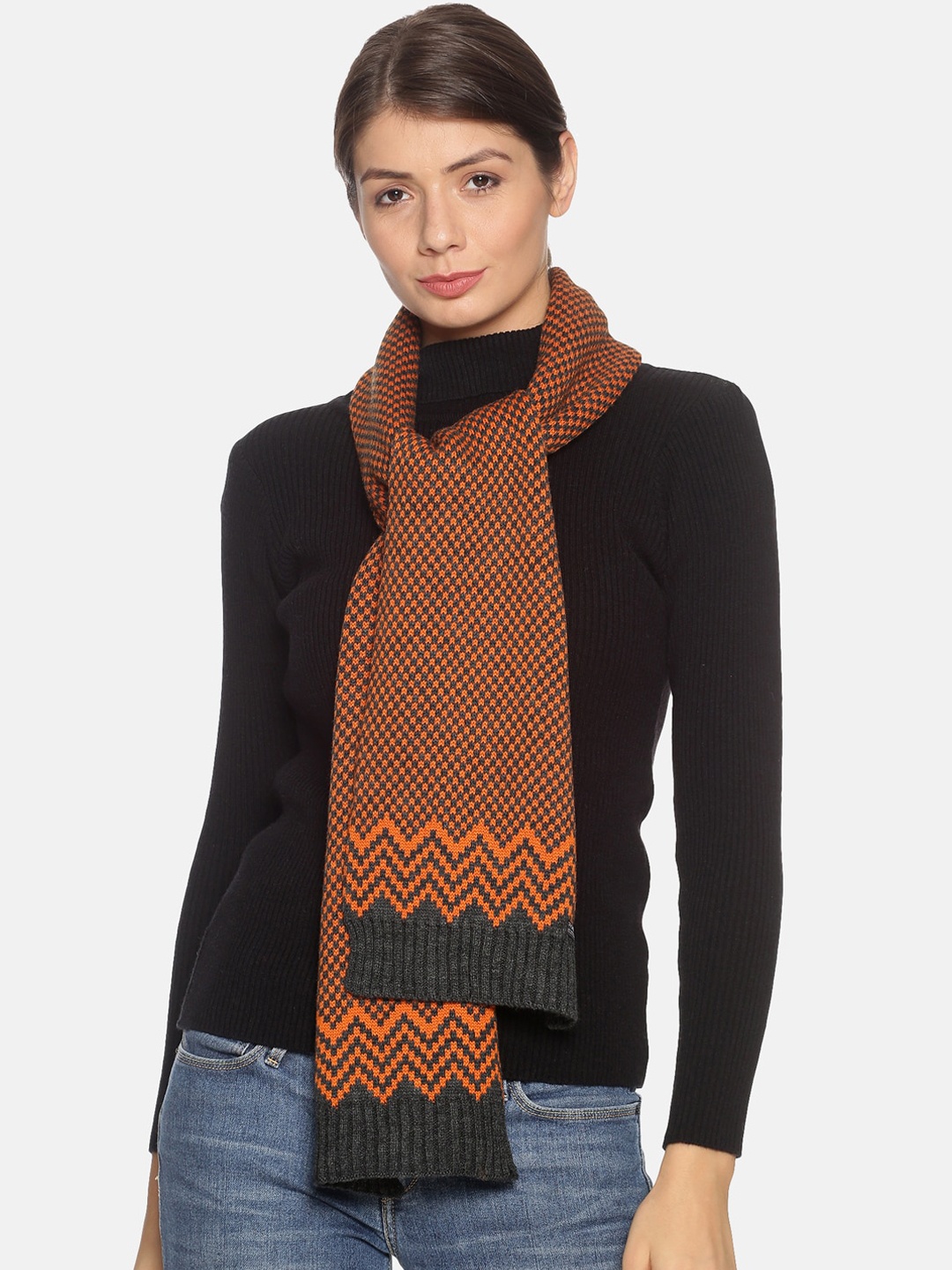

513 Women Orange & Charcoal Grey Checked Muffler