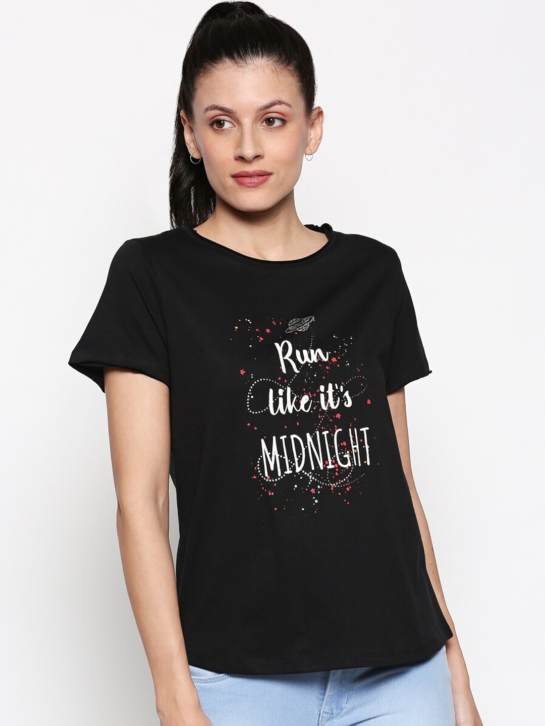 

People Women Black Printed Round Neck Pure Cotton T-shirt