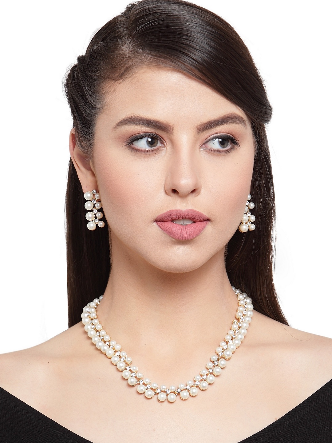 

Shining Diva Fashion Gold Plated White Pearl Beaded Stone Studded Choker Jewellery Set