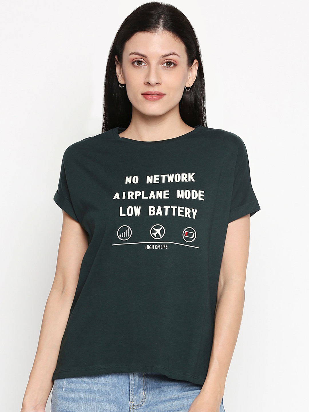 

People Women Green Printed Round Neck T-shirt