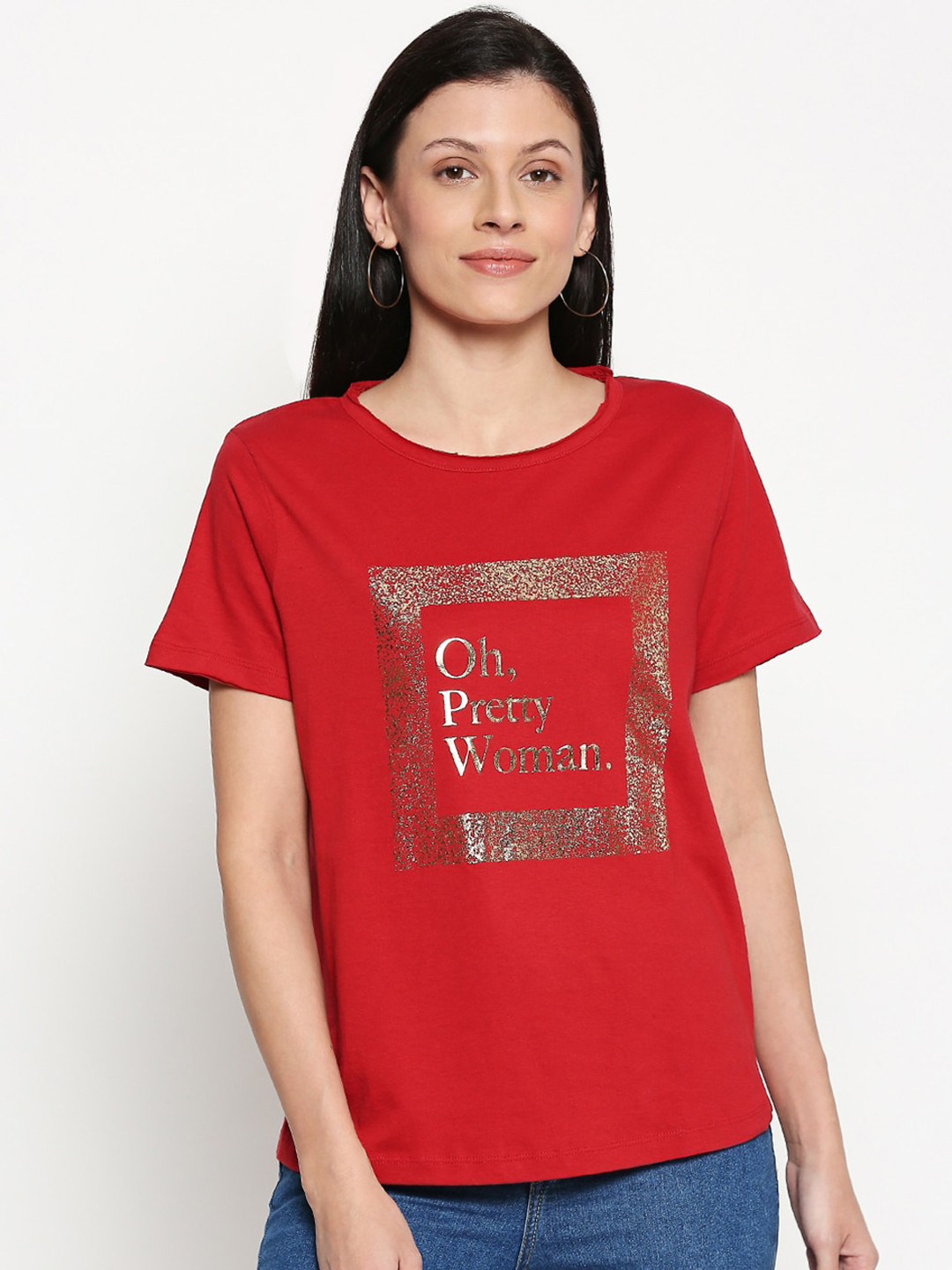 

People Women Red Printed Round Neck Cotton T-shirt