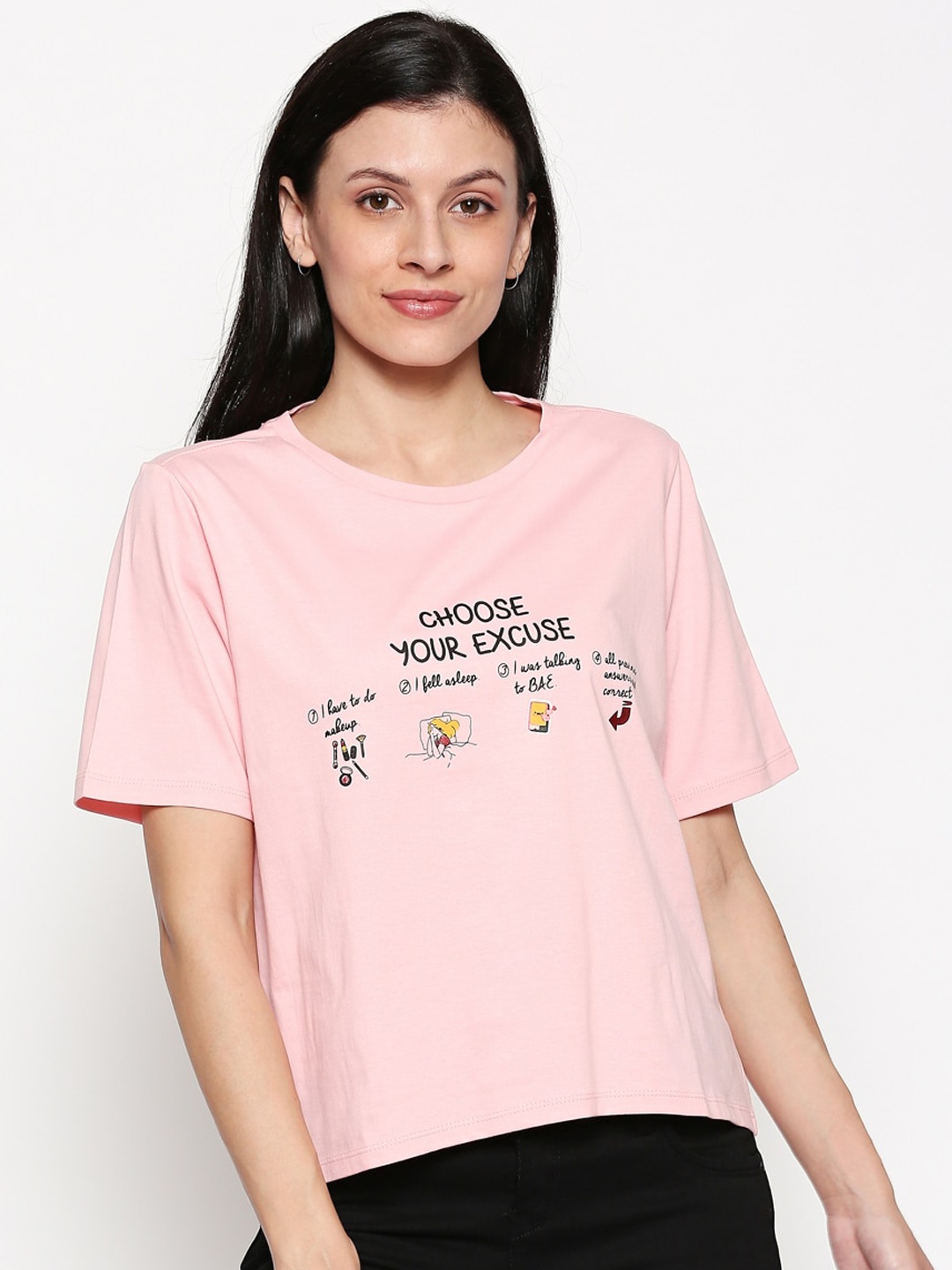 

People Women Pink Printed Round Neck T-shirt