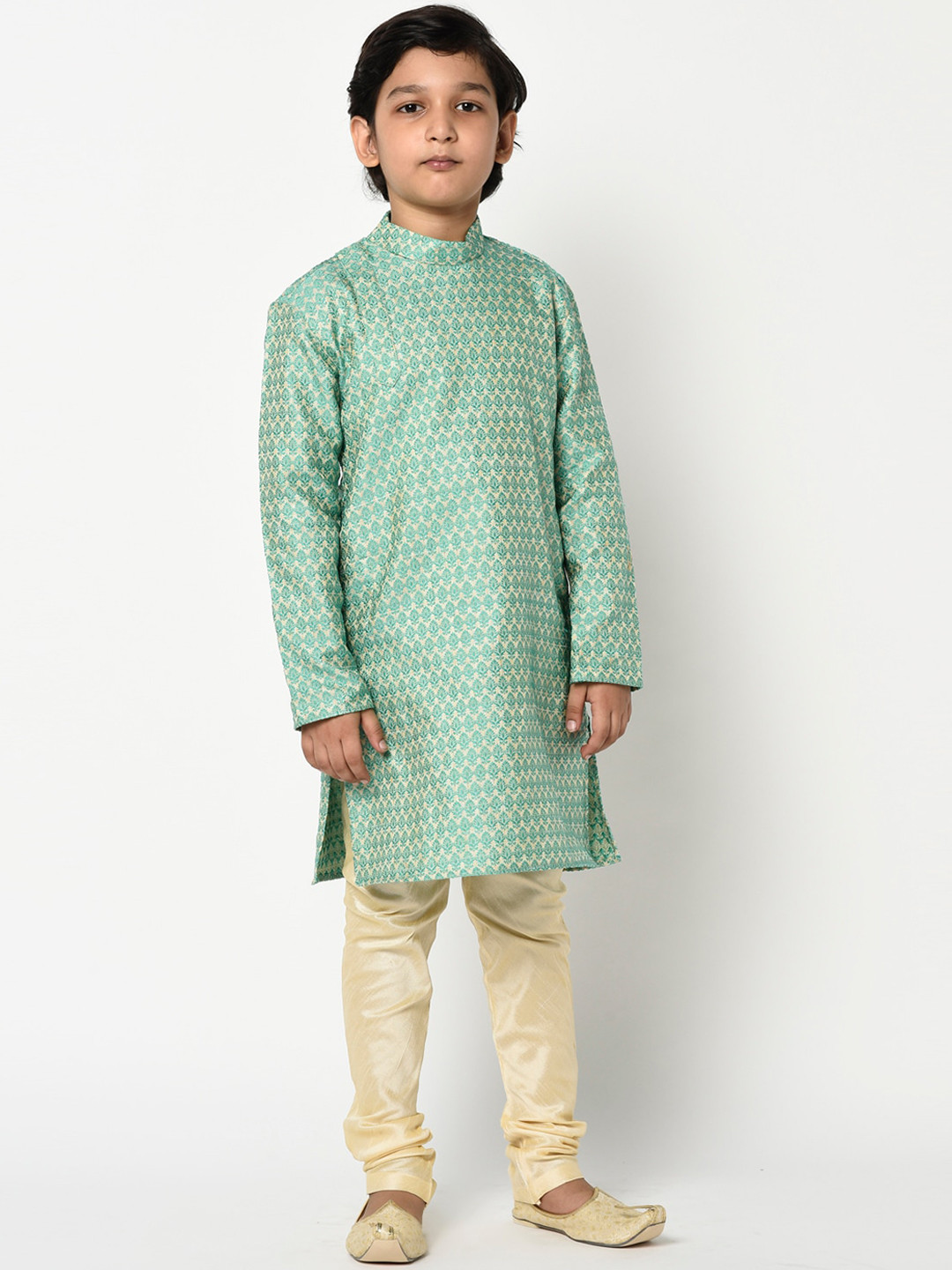 

DEYANN Boys Green & Cream-Coloured Woven Design Kurta with Churidar