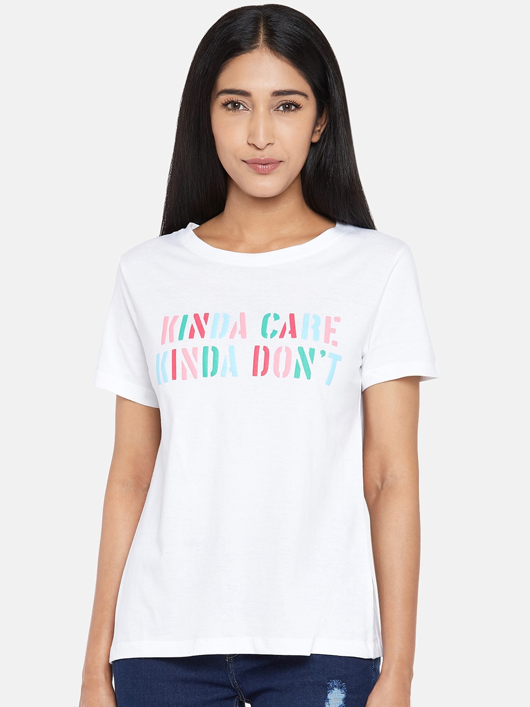 

People Women White Printed Round Neck Cotton Pure Cotton T-shirt