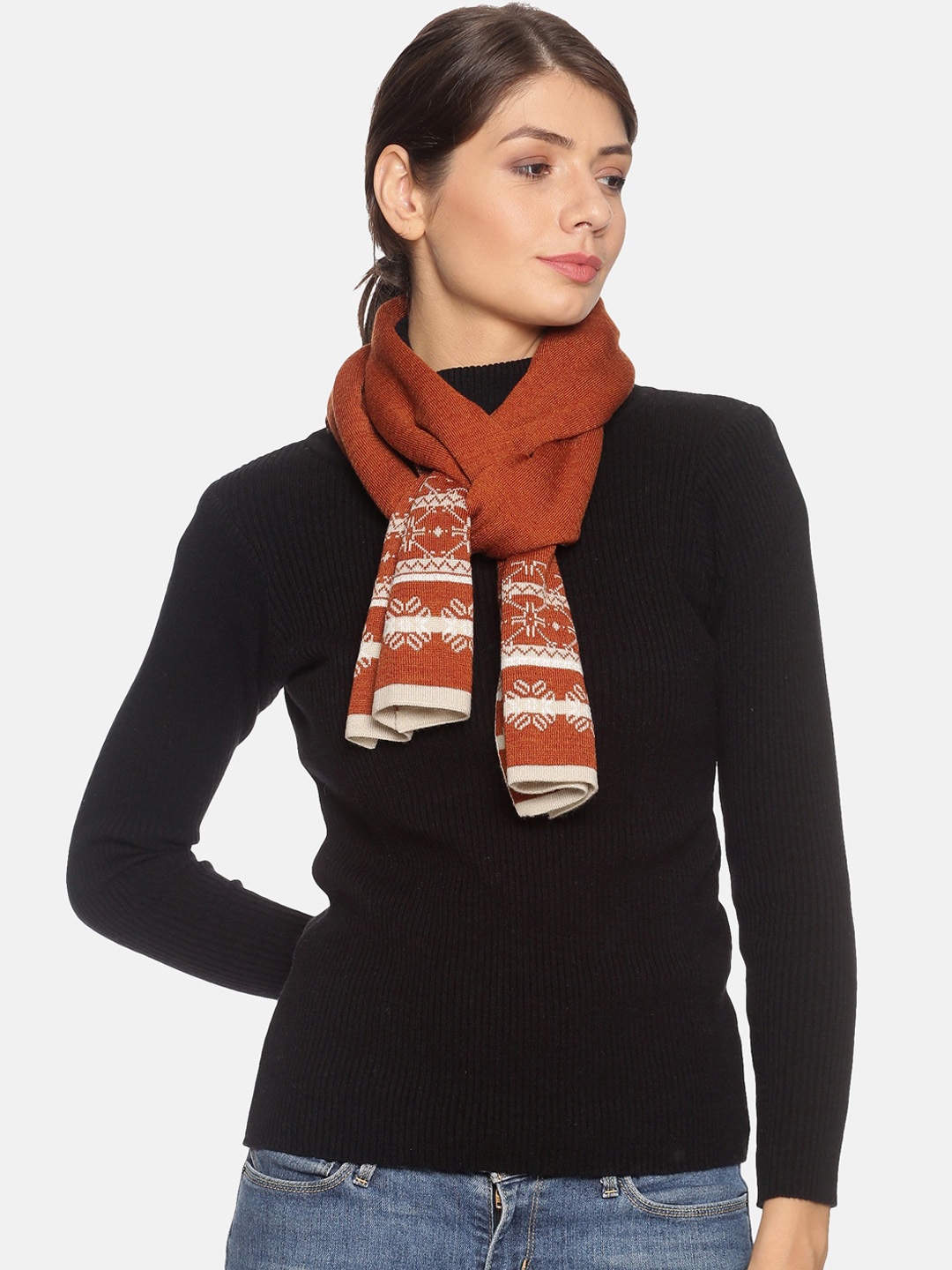 513 Women Rust Brown & Beige Solid Jacquard Muffler