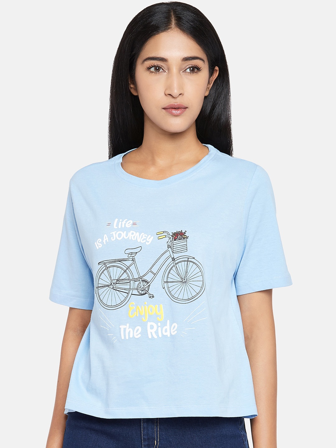 

People Women Blue Printed Round Neck T-shirt