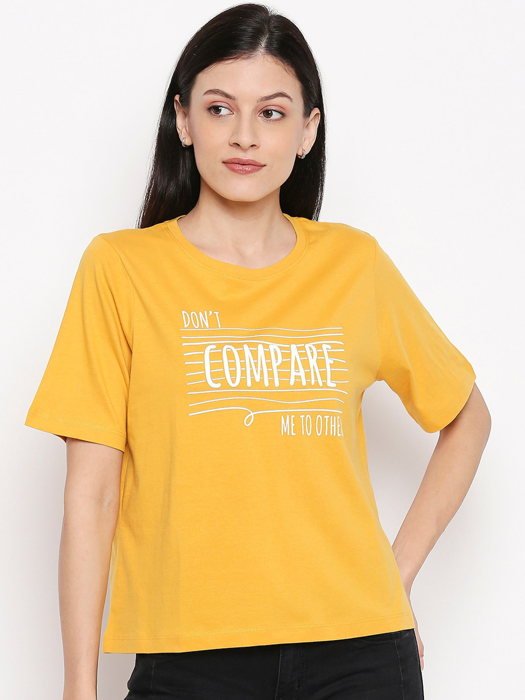 

People Women Yellow Printed Round Neck T-shirt