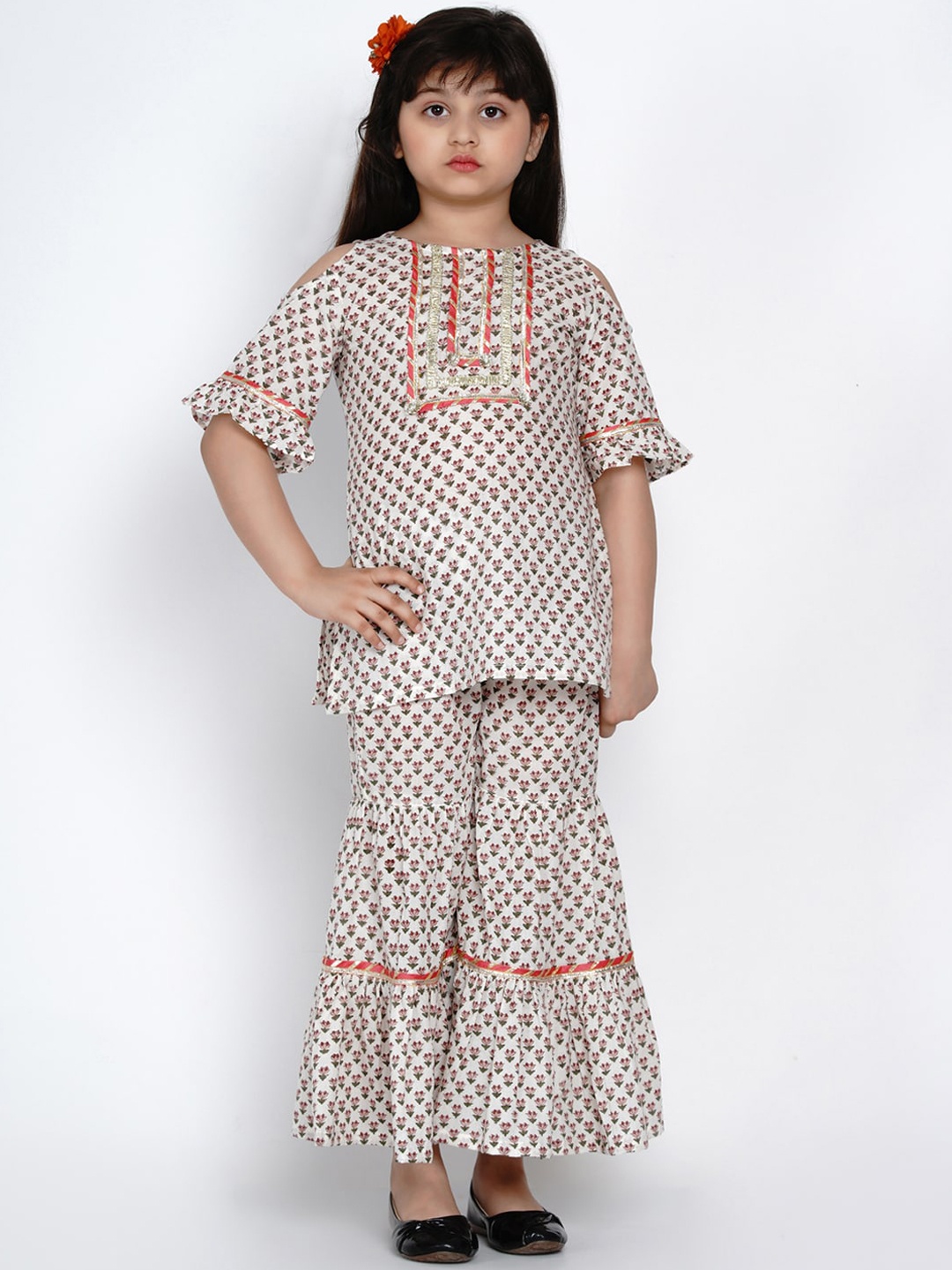

Bitiya by Bhama Girls Off-White & Pink Printed Kurti with Sharara