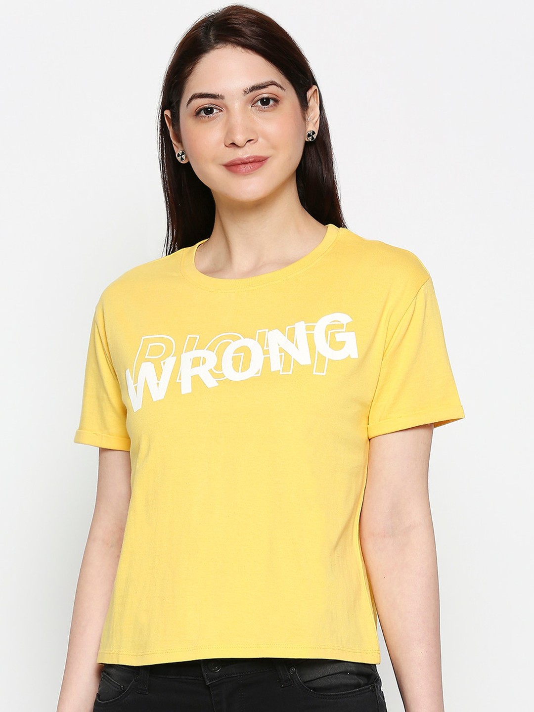 

People Women Yellow Printed Round Neck T-shirt