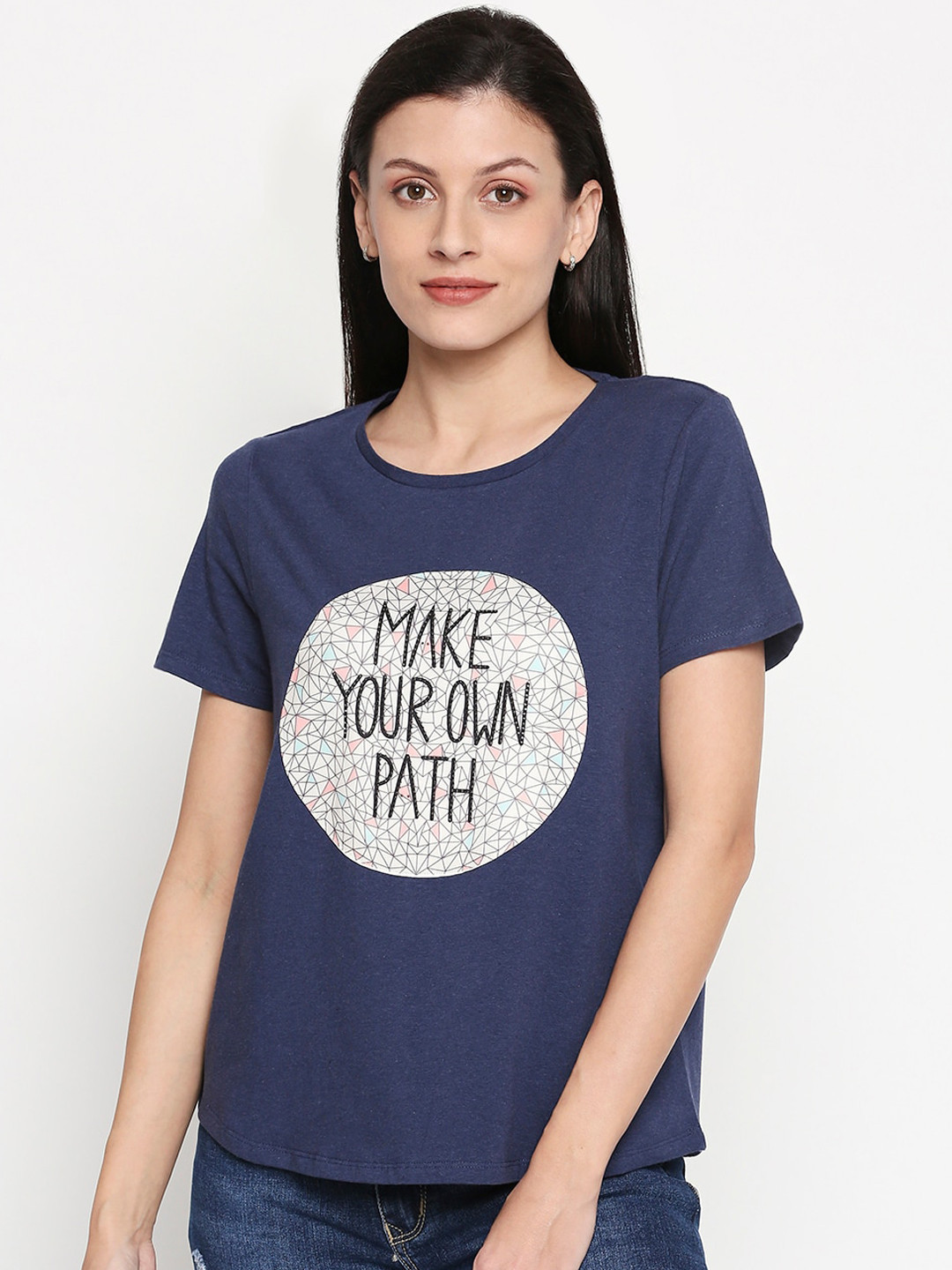 

People Women Blue Printed Round Neck T-shirt