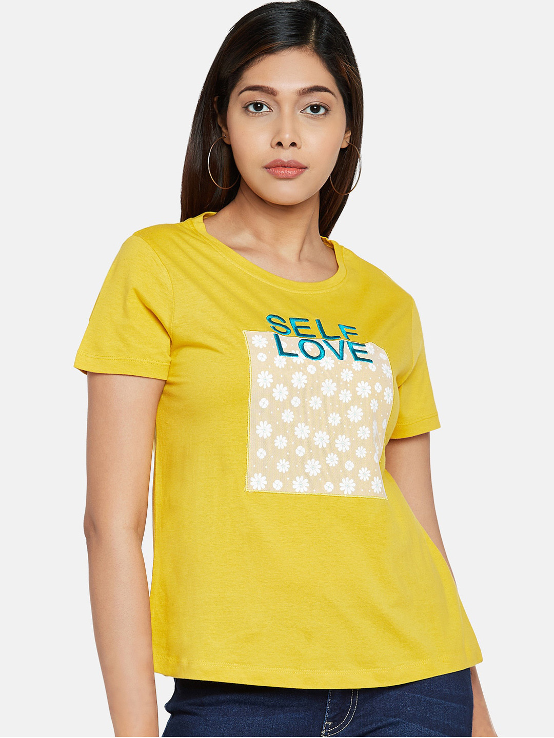 

People Women Yellow Printed Round Neck Pure Cotton T-shirt