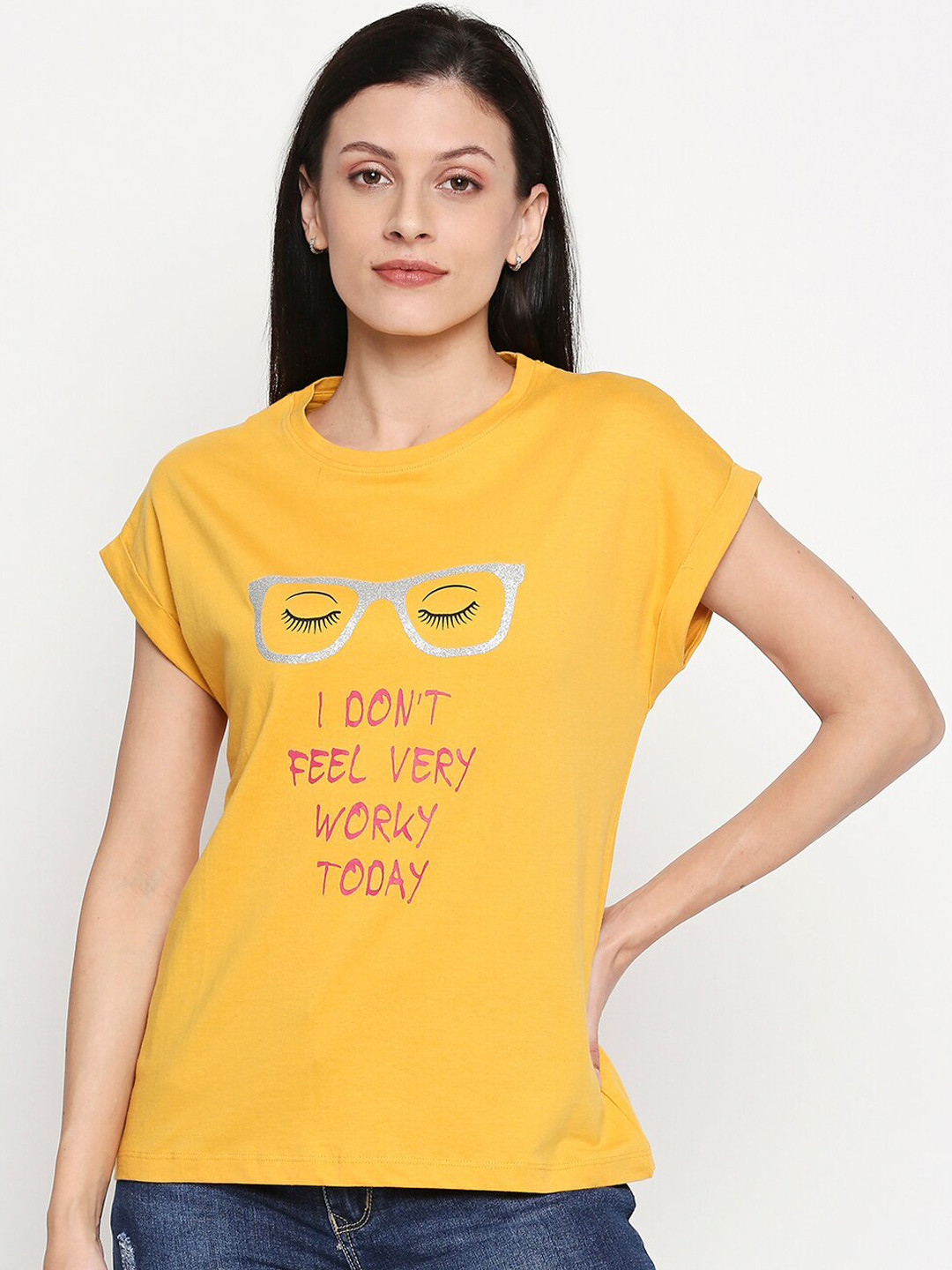 

People Women Yellow Printed Round Neck Cotton Pure Cotton T-shirt