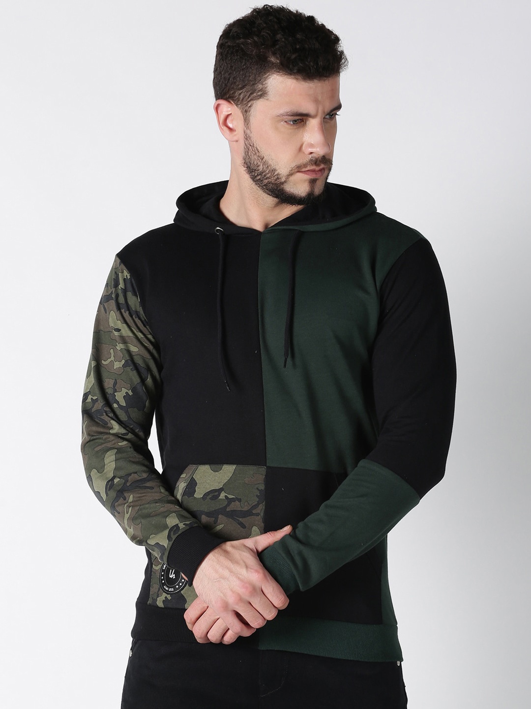 

UrGear Men Black & Green Camouflage Print Hooded Sweatshirt