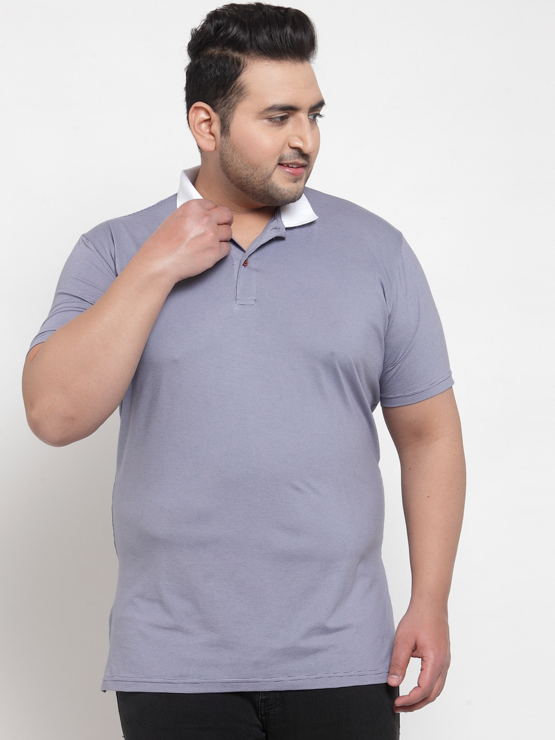 plusS Men Purple Pin Striped Polo Collar Pure Cotton T-shirt