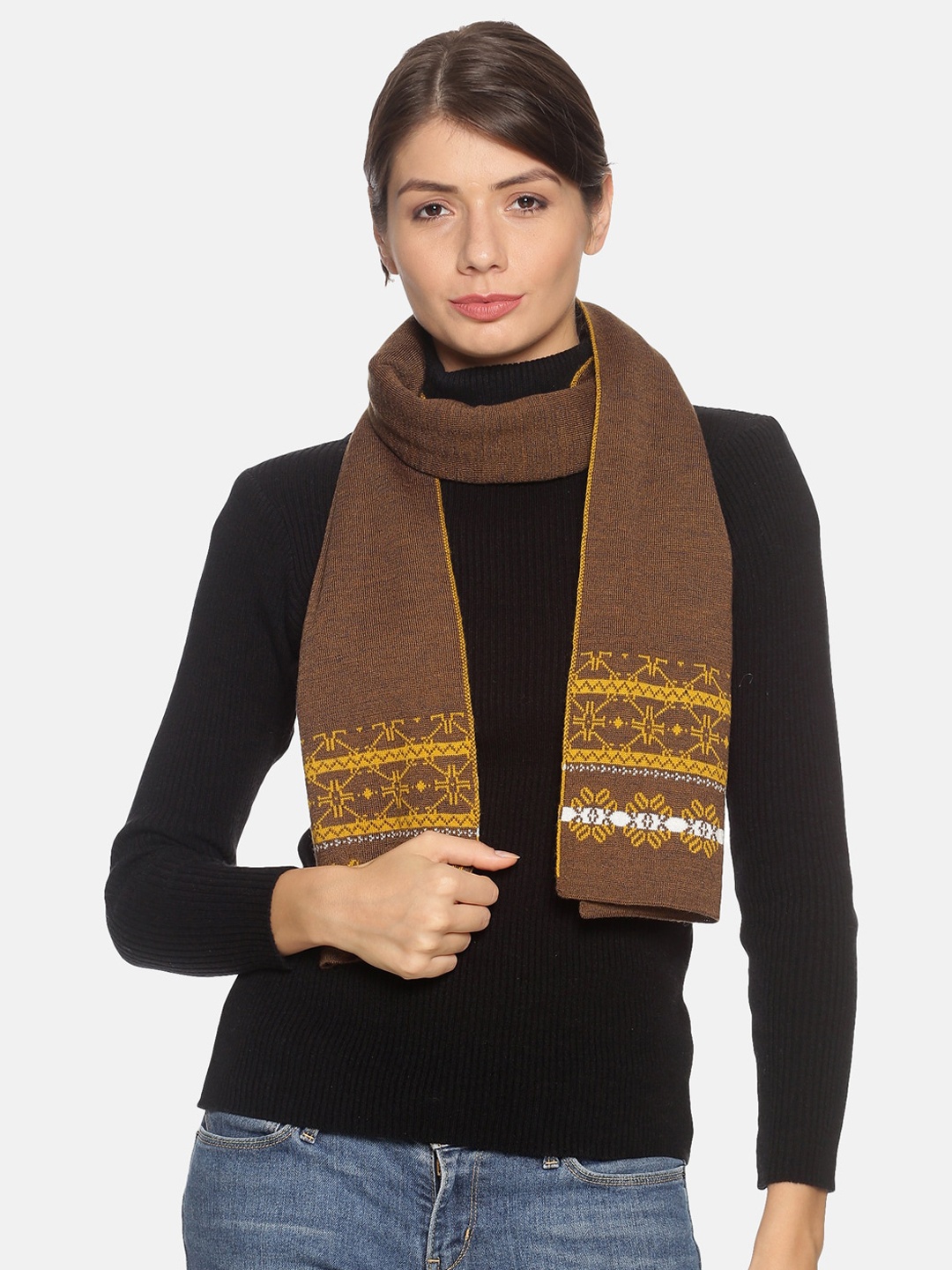 

513 Women Brown & Yellow Self-Design Jacquard Muffler