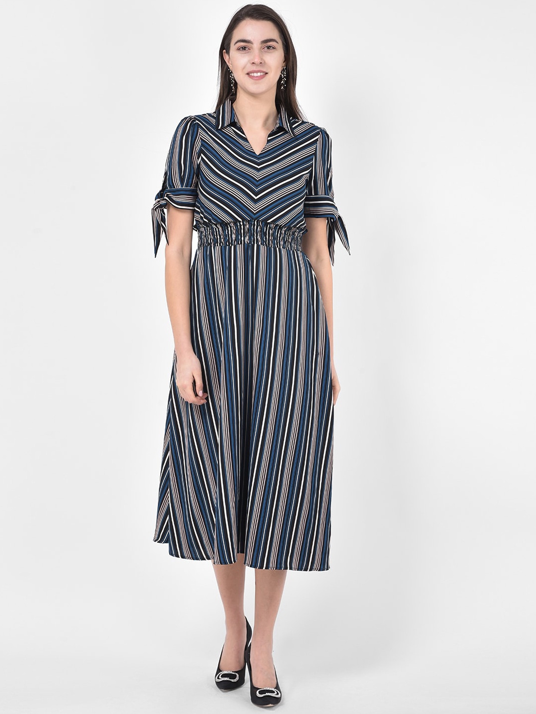 

Latin Quarters Women Teal Blue & Black Striped Fit and Flare Dress