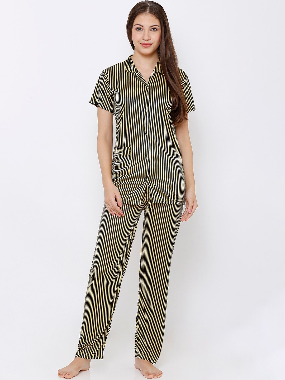 

Pretty Awesome Women Yellow & Navy Blue Striped Night Suit