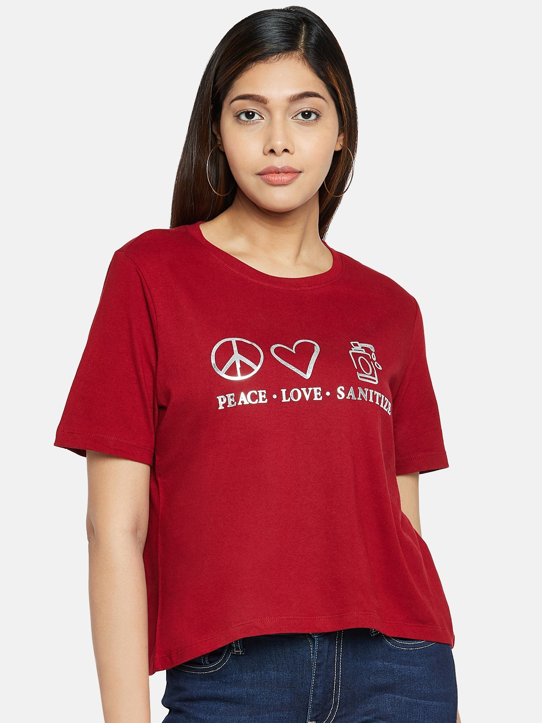 

People Women Red Self Design Round Neck T-shirt