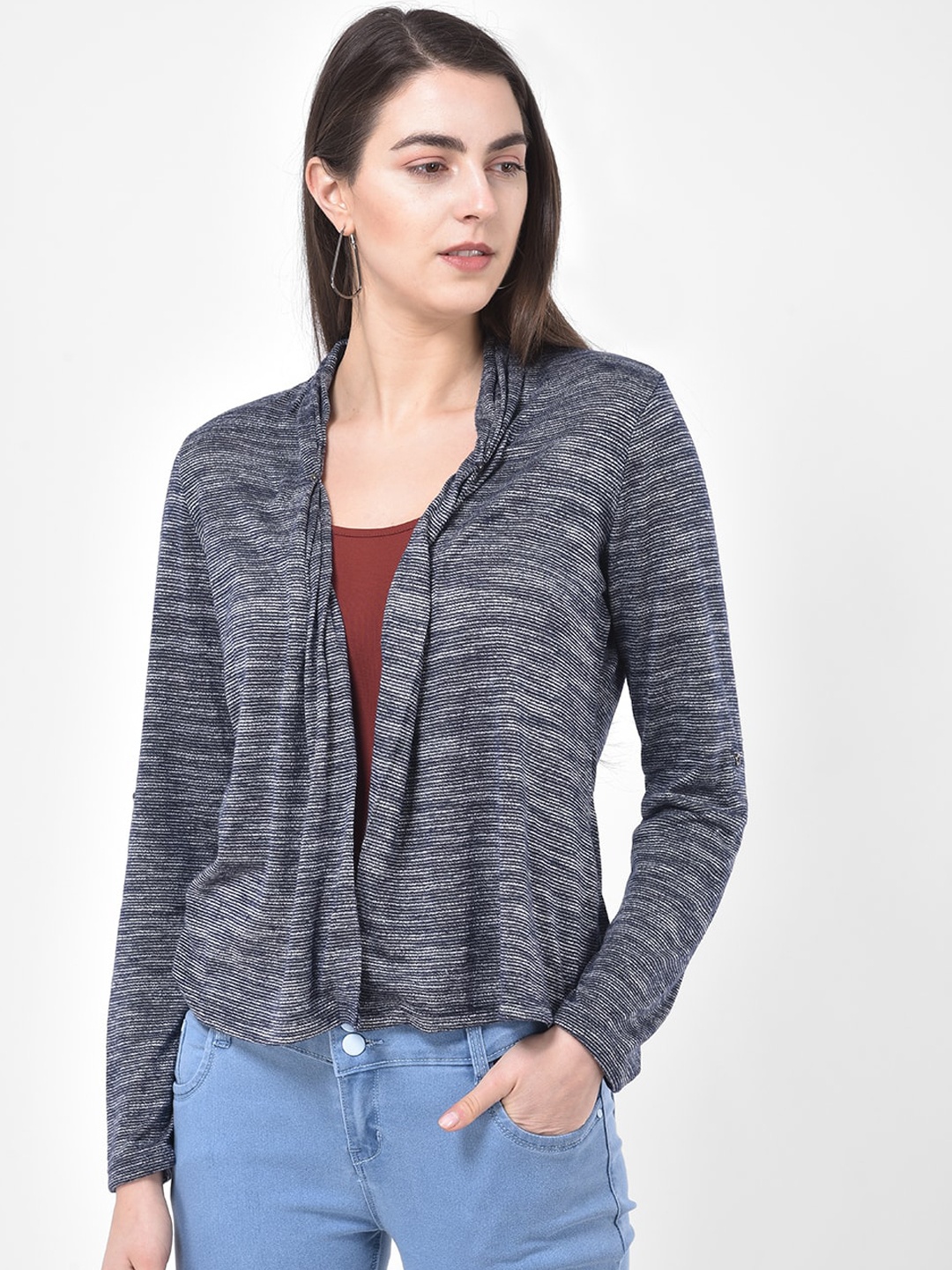 

Latin Quarters Women Blue & Grey Self Design Open Front Shrug