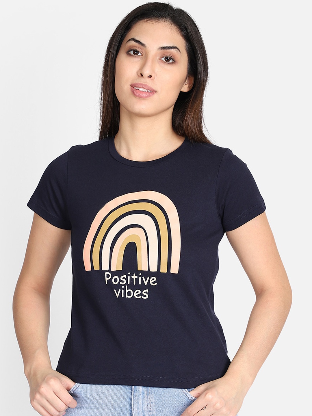 

Yaadleen Women Navy Blue Printed Round Neck T-shirt