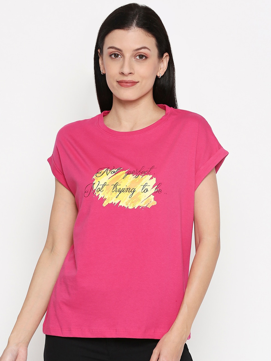 

People Women Pink Printed Round Neck Cotton Pure Cotton T-shirt