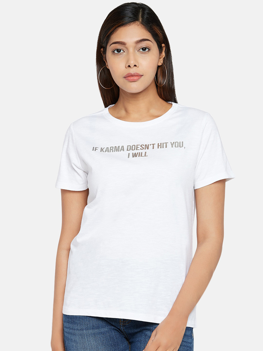 

People Women White Printed Round Neck Pure Cotton T-shirt