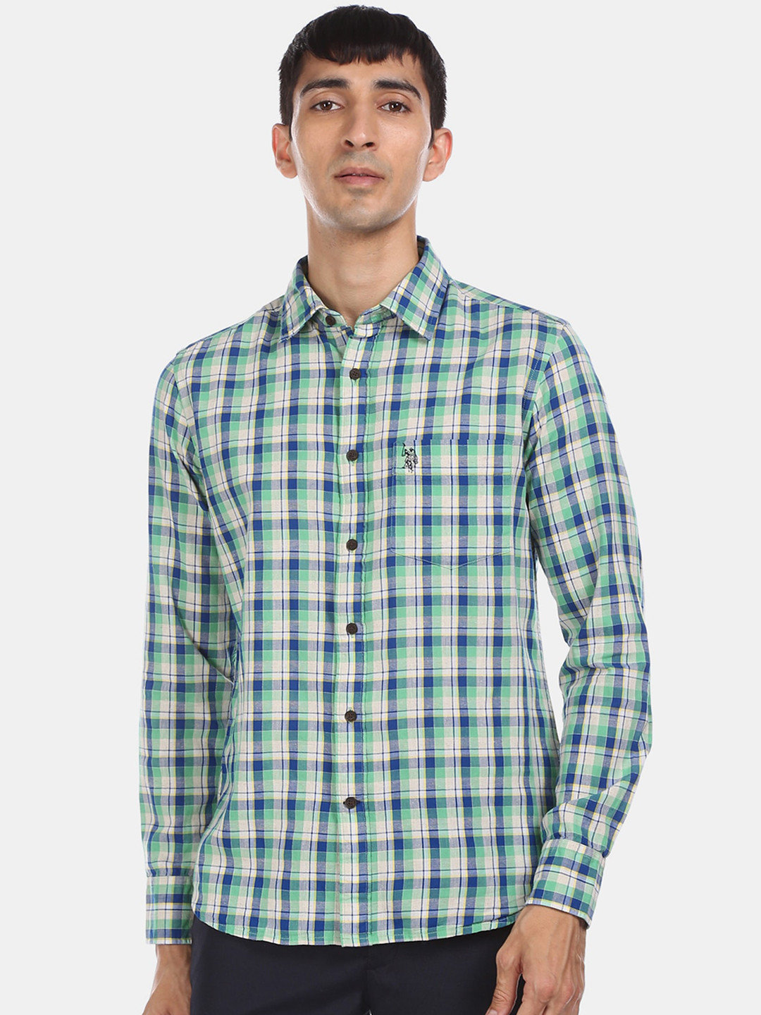 

U.S. Polo Assn. Men Navy Blue & Green Regular Fit Checked Casual Shirt