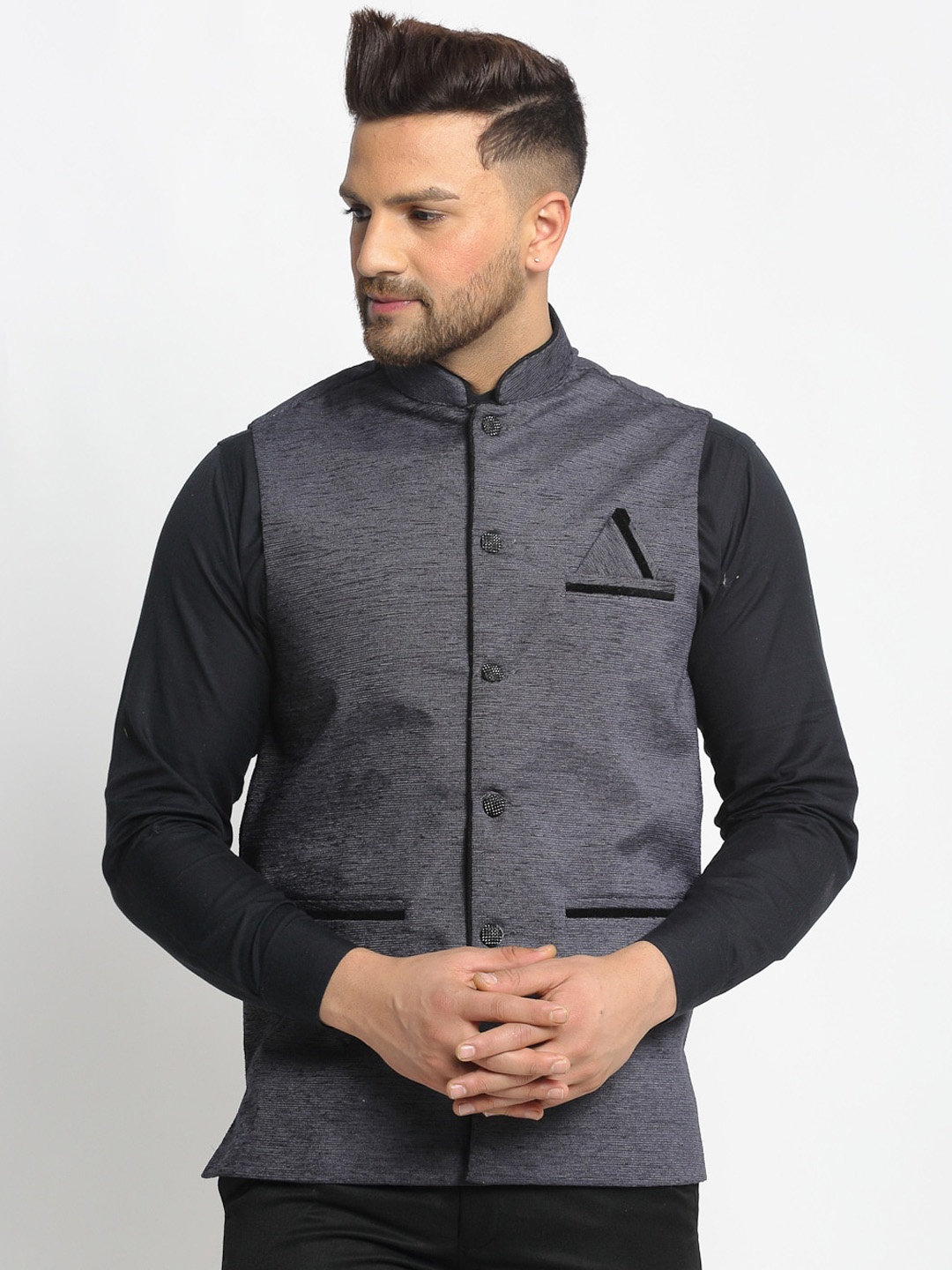 

Jompers Men Grey Woven Design Nehru Jacket