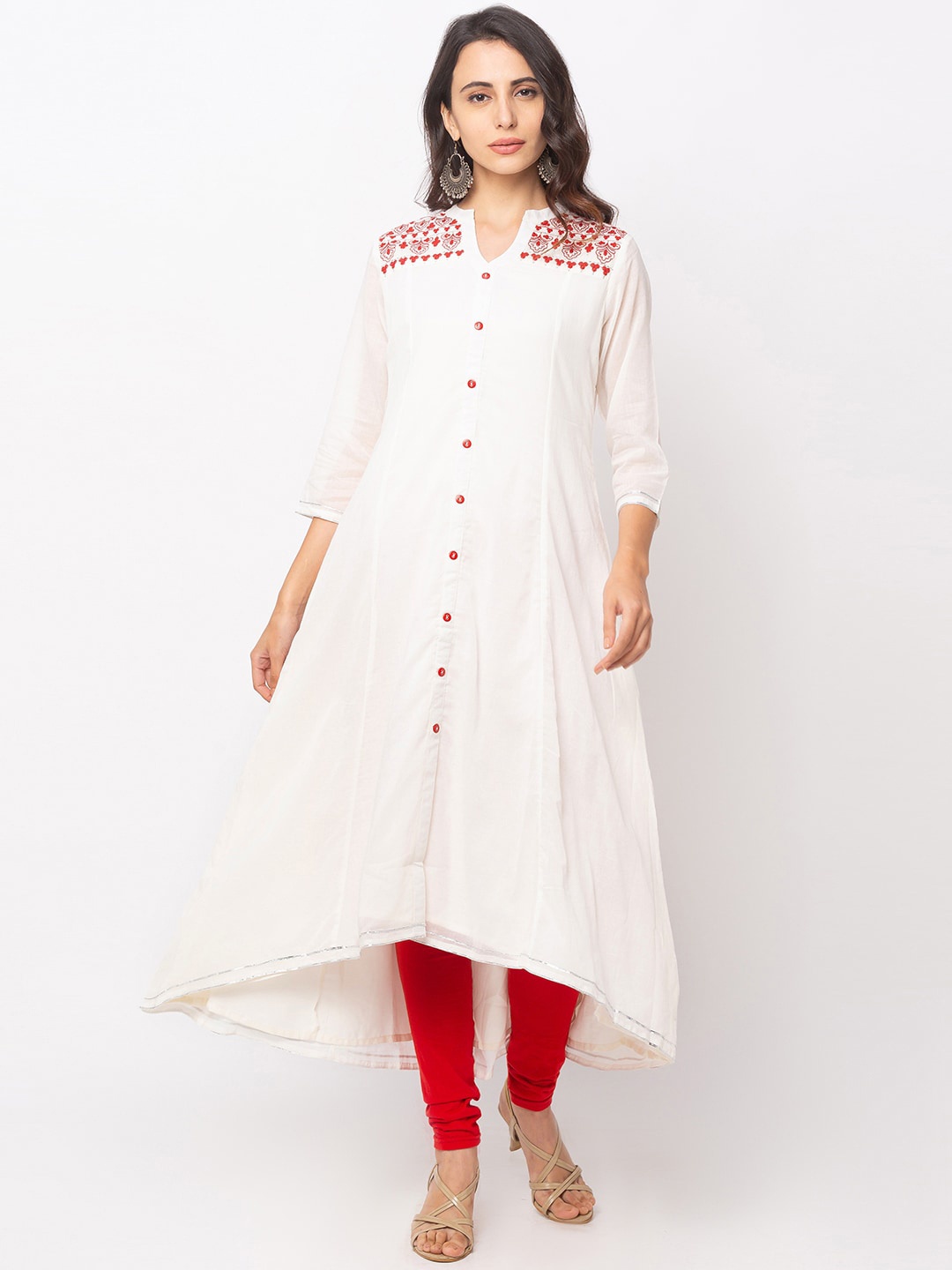 

Globus Women White & Red Floral Embroidered A-Line Kurta