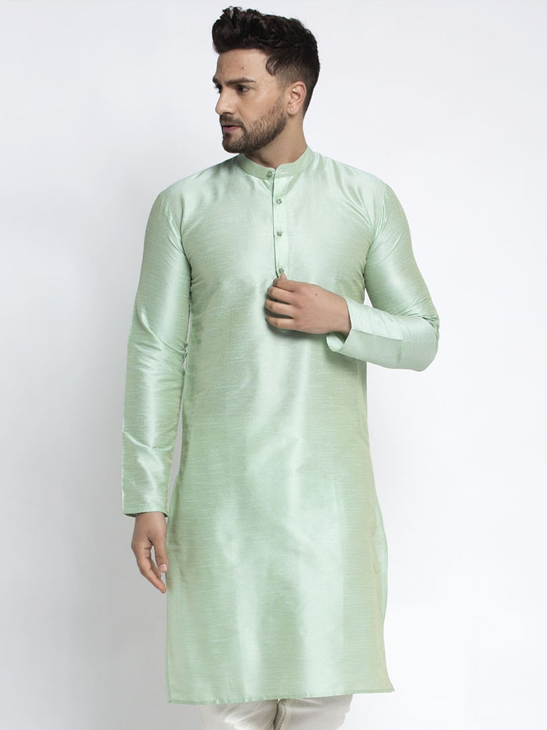 Jompers Men Pastel Green Solid Straight Kurta