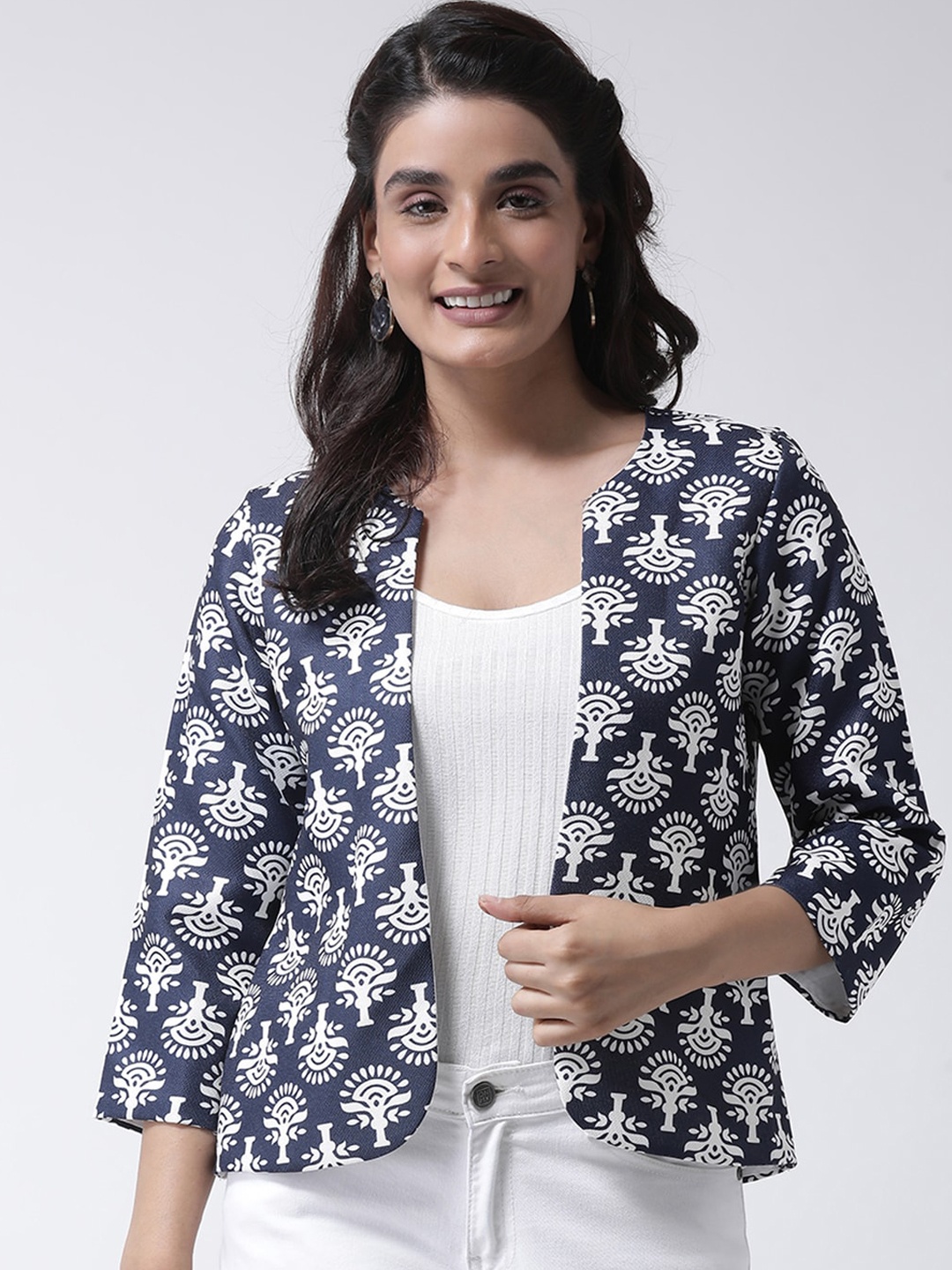 

Hangup Women Navy Blue Printed Lightweight Open Front Jacket