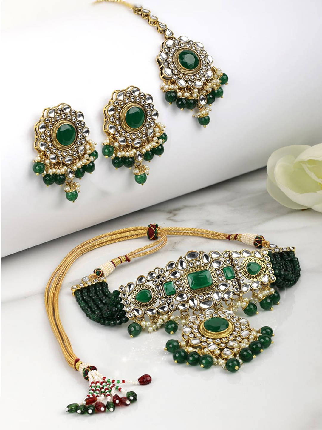 

Priyaasi Gold-Plated Green Stone-Studded Handcrafted Jewellery Set