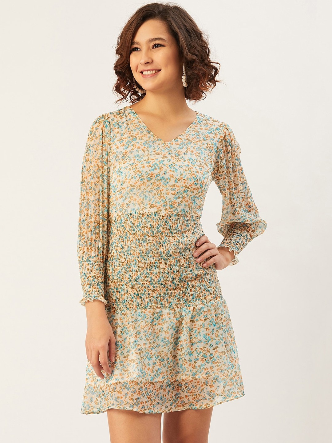

ANVI Be Yourself Women Cream-Coloured Printed A-Line Dress