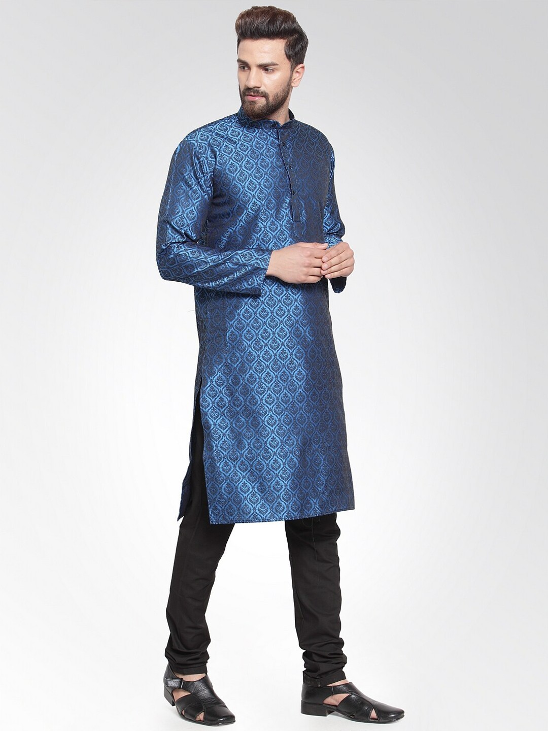 

Jompers Men Blue & Black Woven Design Kurta with Churidar