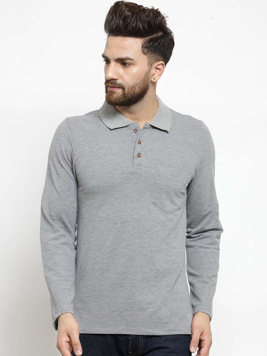 

Kalt Men Grey Self Design Polo Collar T-shirt