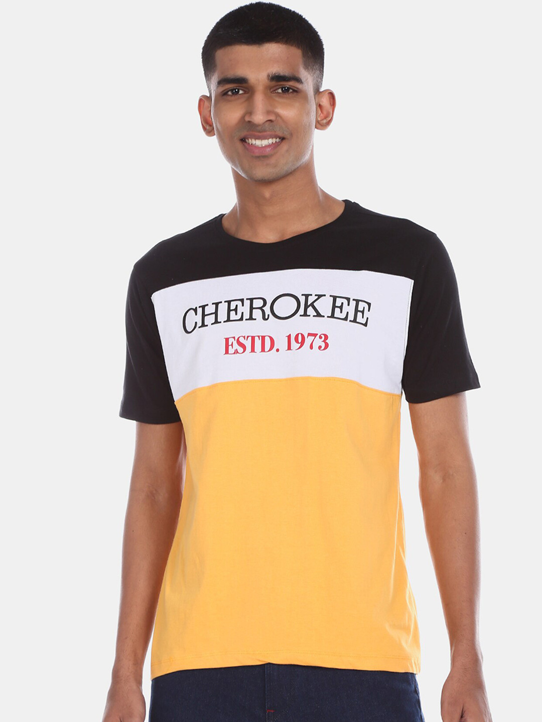 

Cherokee Men Yellow Colourblocked Round Neck T-shirt