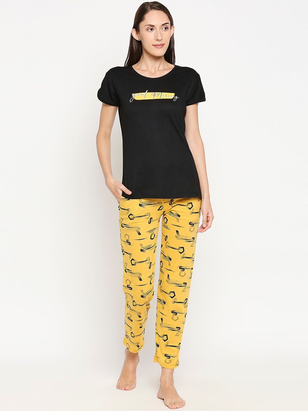 

Pretty Awesome Women Black & Yellow Printed Night Suit