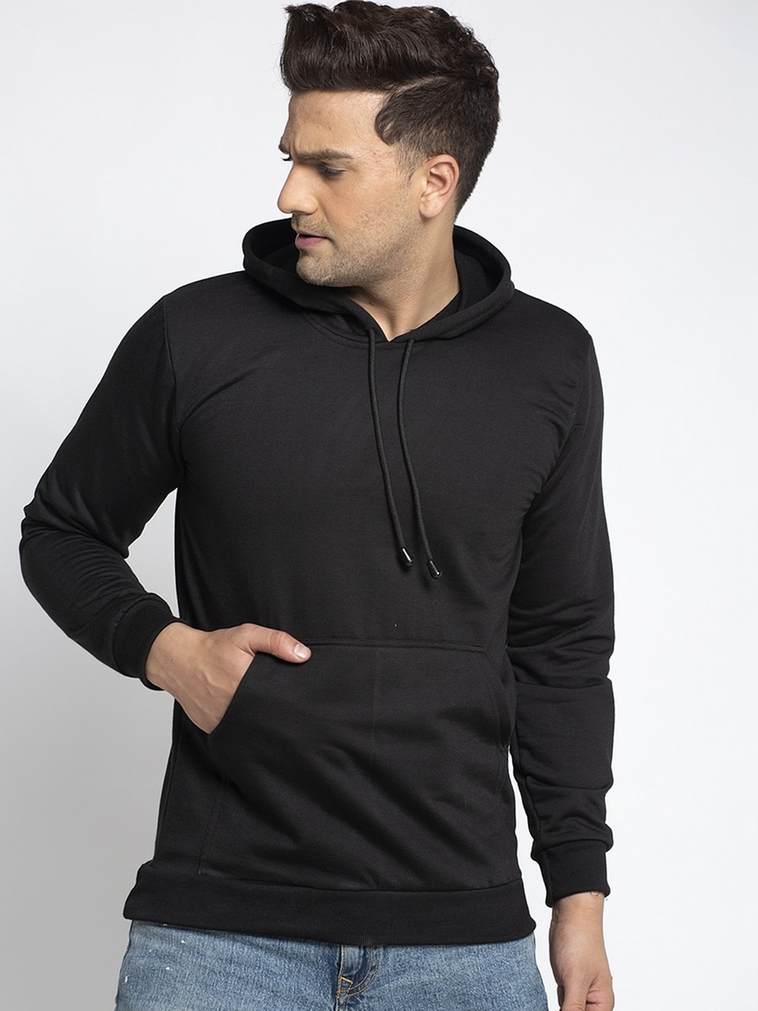 

KATSO Men Black Solid Cotton Hooded Sweatshirt